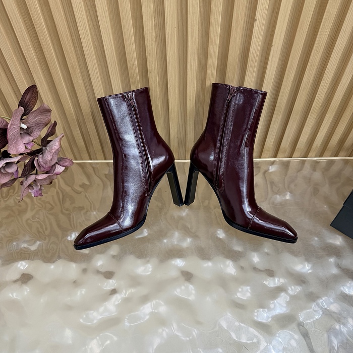 Burgundy Patent Leather Pointed Toe High Heel Ankle Boots