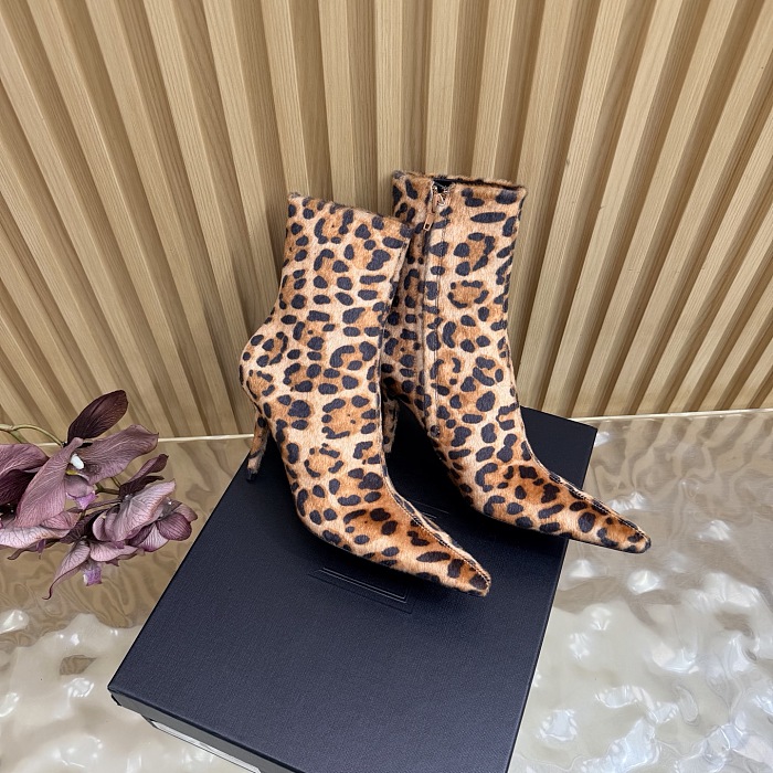 Leopard Print Calf Hair Pointed Toe Stiletto Heeled Ankle Boots