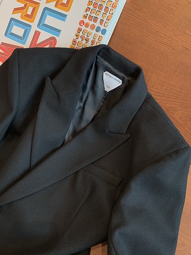 Wide Shoulder Wool Waist Cinching Blazer Jacket