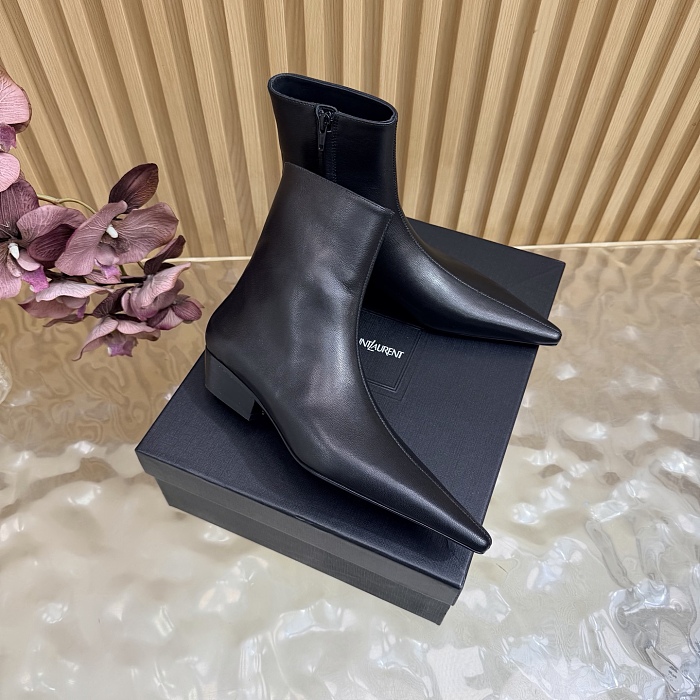 Black Leather Pointed Toe High Heel Ankle Boots