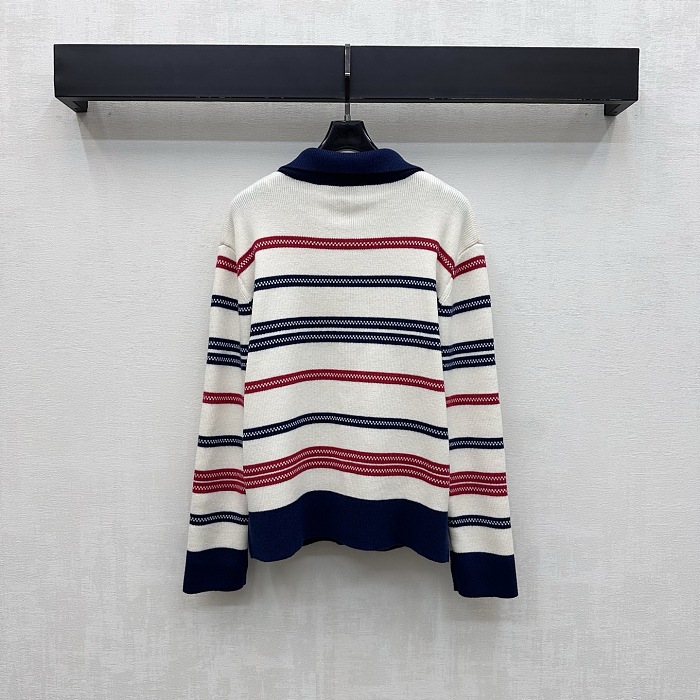 Contrast Lapel Striped Knit Cardigan With Metal Icon Details