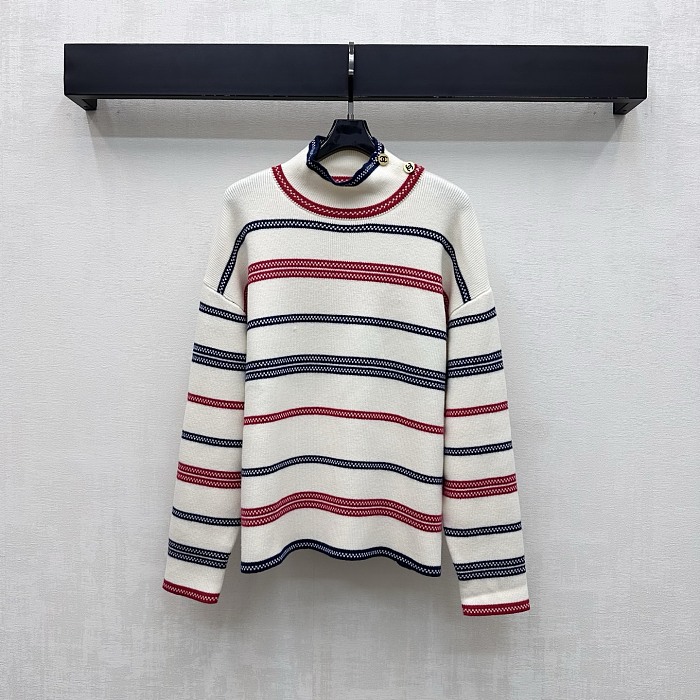 Contrast Striped Mock Neck Knit Top With Metallic Button Detail