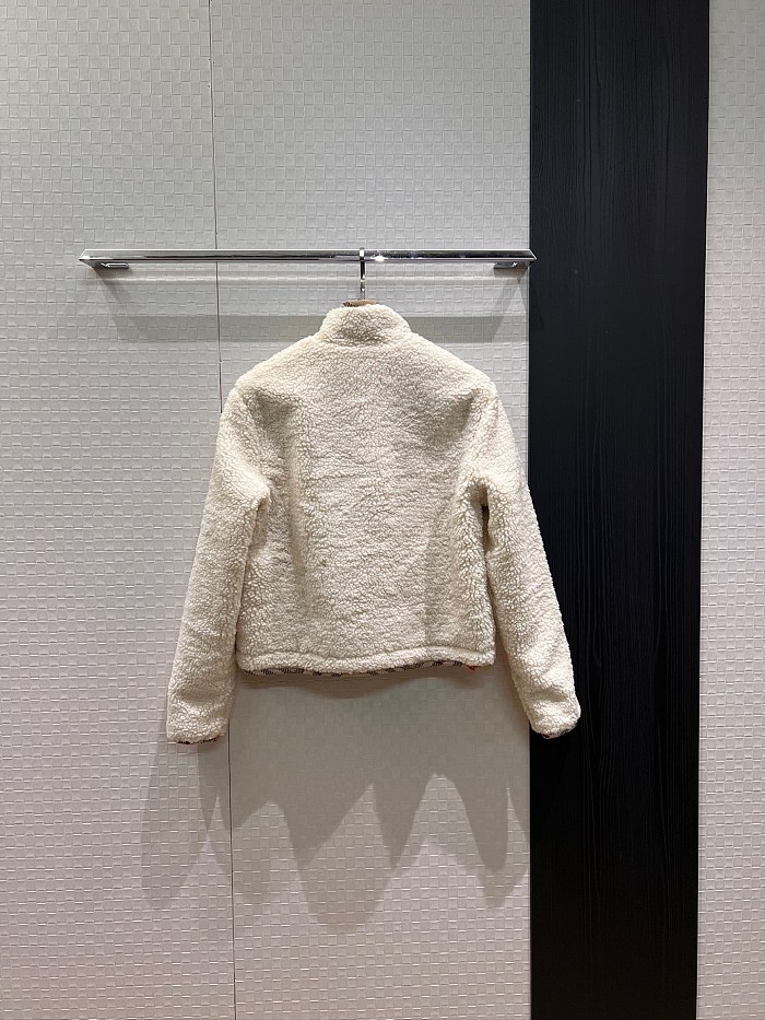 Embroidered Icon Detail Stand Collar Teddy Fleece Zip Up Jacket