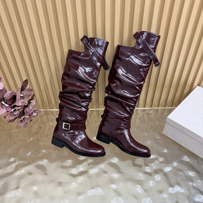 Burgundy Patent Leather Slouchy Knee High Boots With Buckle