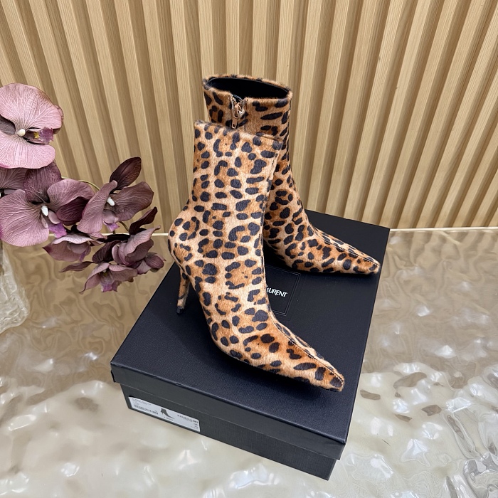 Leopard Print Calf Hair Pointed Toe Stiletto Heeled Ankle Boots