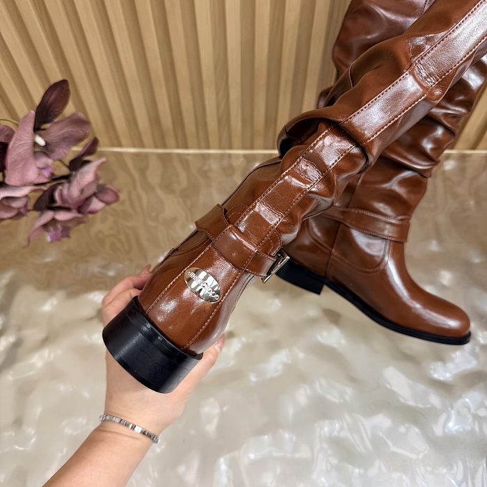 Brown Leather Slouchy Knee High Boots With Buckle Details