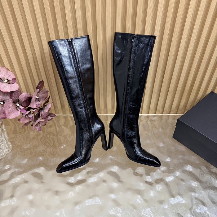 Black Patent Leather Pointed Toe High Heel Knee High Boots