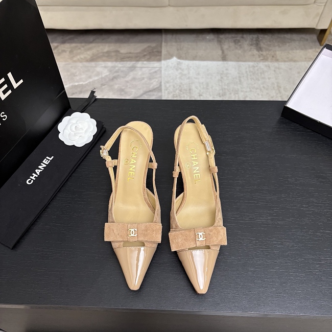 Beige Pointed Toe Suede Slingback Pumps With Bow