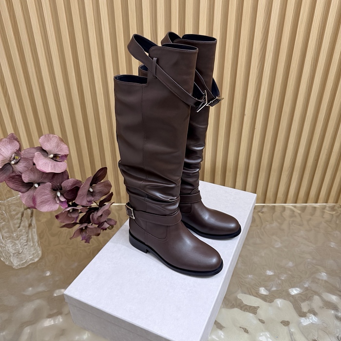 Brown Leather Knee High Boots With Buckle Straps