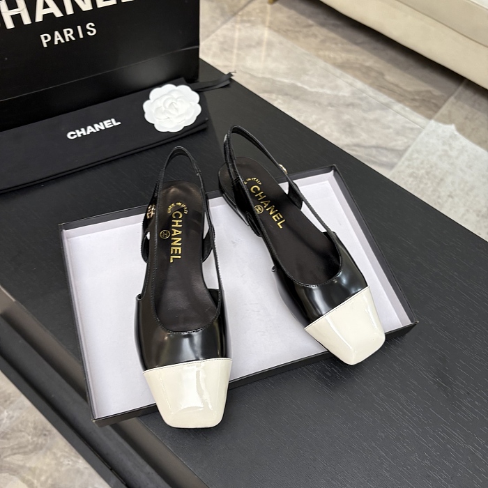 Black and White Cap Toe Slingback Flats With Back Strap