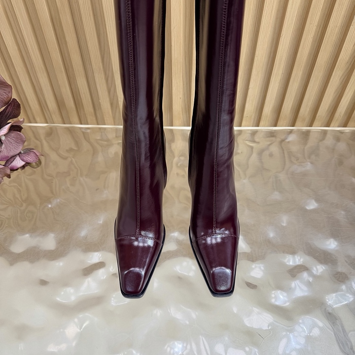 Burgundy Patent Leather Pointed Toe High Heel Knee High Boots