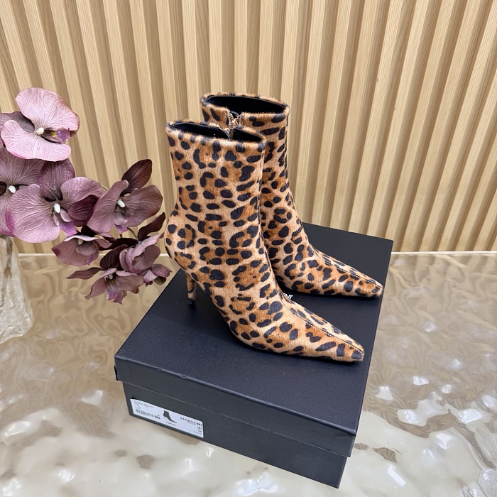 Leopard Print Calf Hair Pointed Toe Stiletto Heeled Ankle Boots