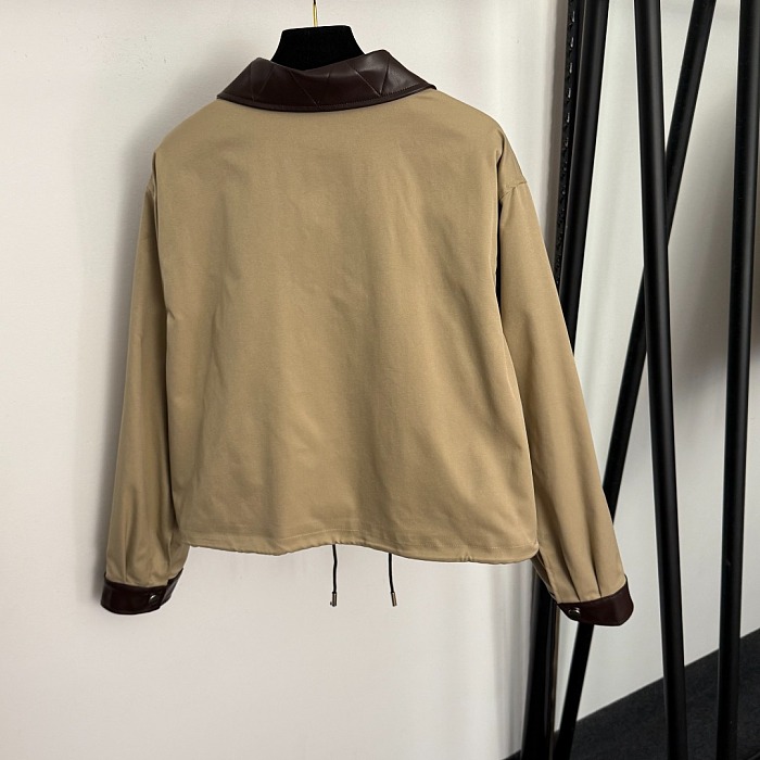 Contrast Faux Leather Trim Zip Up Trench Coat With Drawstring Waist