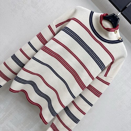 Contrast Striped Mock Neck Knit Sweater With Metal Button Detail