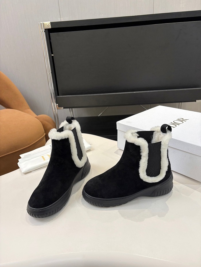Black Suede Chelsea Boots With Shearling Trim And Chunky Sole
