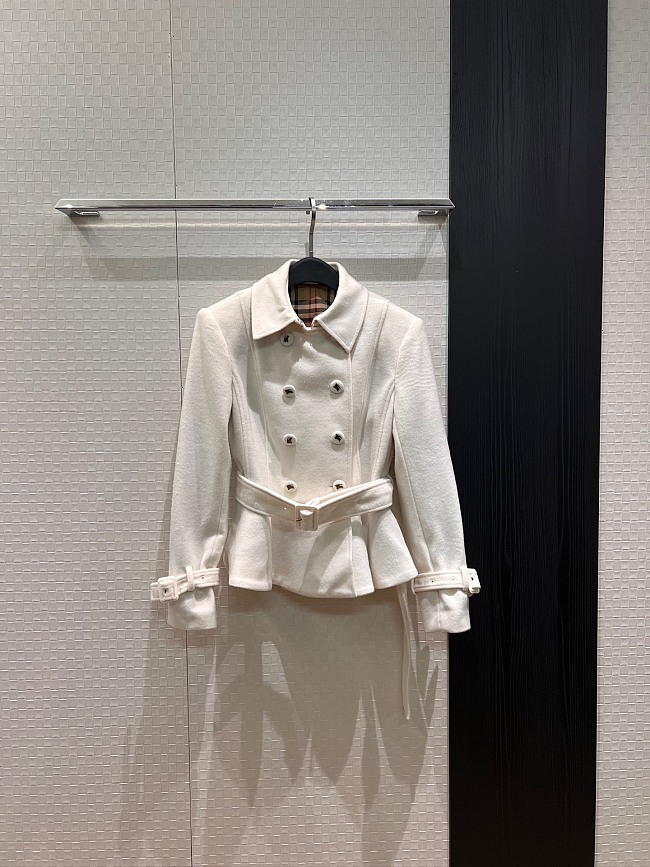 Double Breasted Belted Peplum Hem Woolen Coat