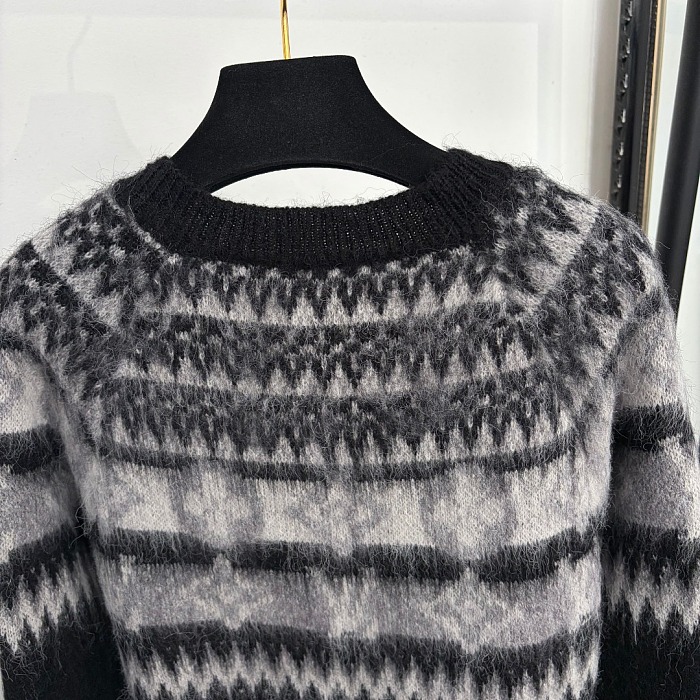 Contrast Jacquard Graphic Full Zip Knit Cardigan