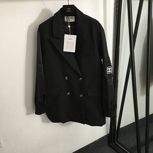 Chic Double Breasted Vintage Graphic Print Sleeve Pocket Blazer