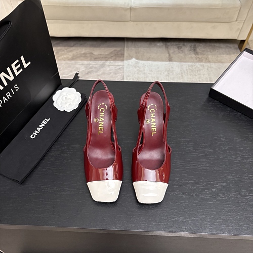 Burgundy Patent Leather Block Heel Slingback Pumps With Contrast Cap Toe