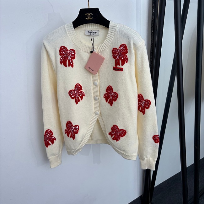 Sequined Bow Embroidered Long Sleeve Wool Knit Cardigan