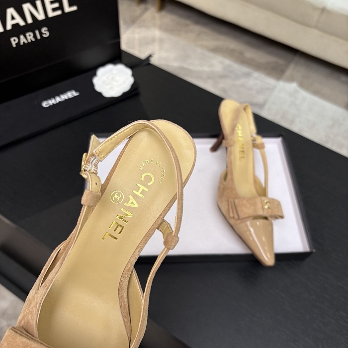 Beige Pointed Toe Suede Slingback Pumps With Bow