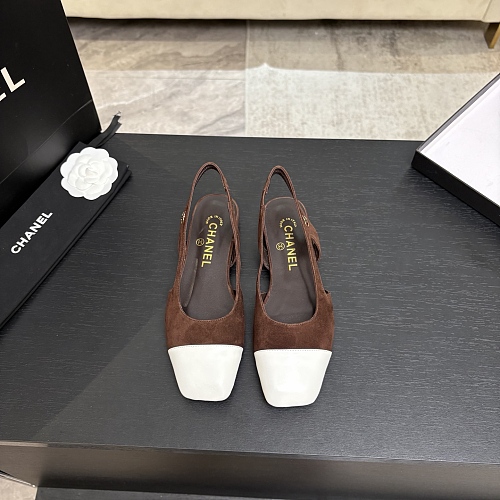 Brown Suede Low Heel Slingback Shoes With White Contrast Cap Toe