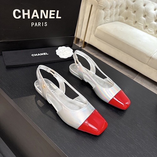 Silver and Red Cap Toe Slingback Flats With Back Strap