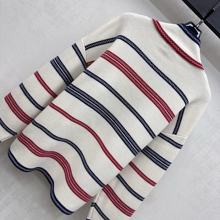 Contrast Striped Mock Neck Knit Top With Metallic Button Detail