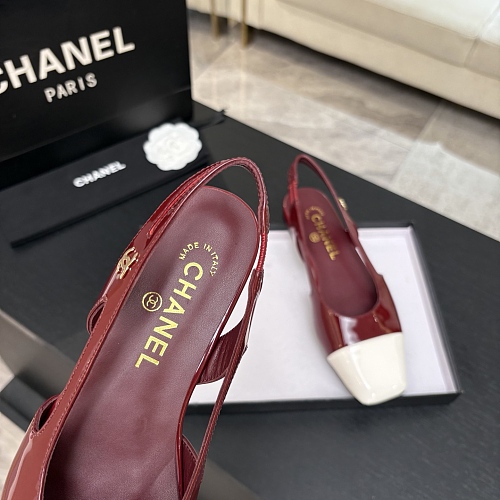Burgundy And White Patent Leather Slingback Pumps With Low Heel