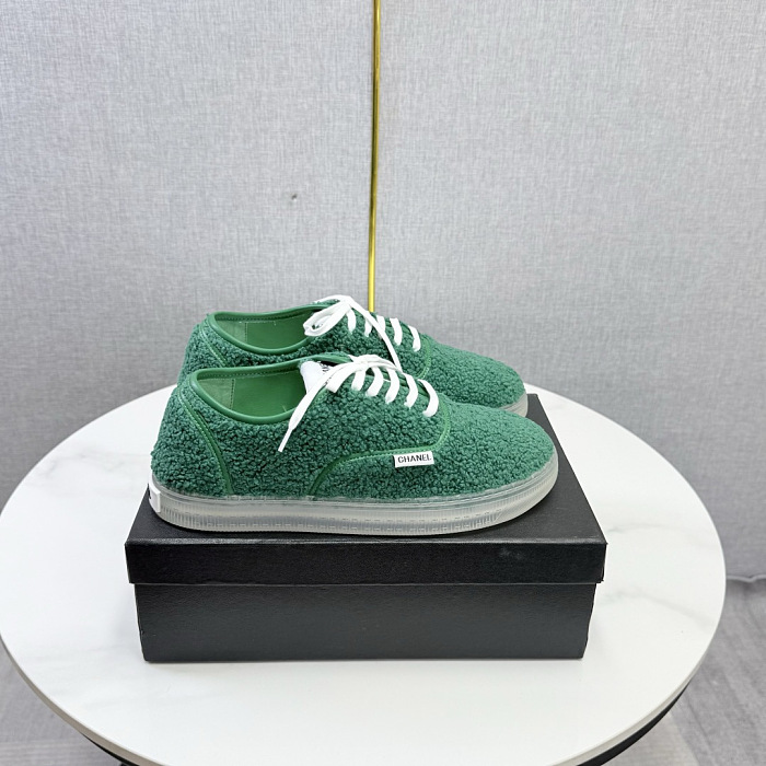 Green Shearling Lace-Up Sneakers With Clear Soles