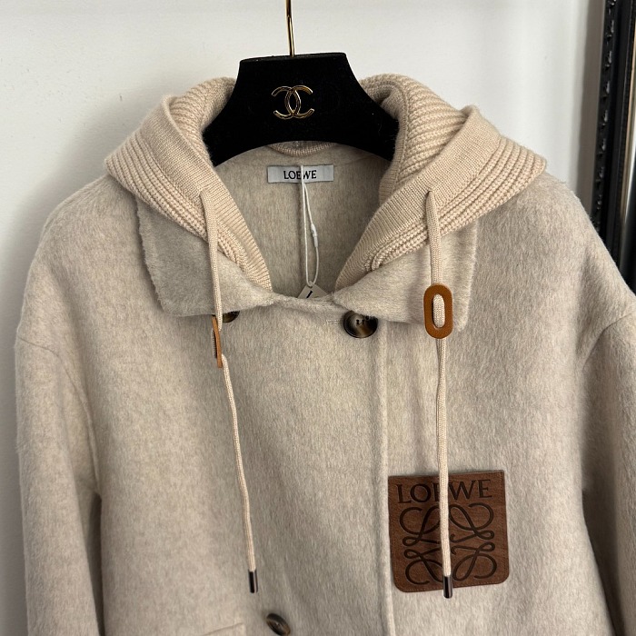 Faux Leather Patch Hooded Wool Blend Overcoat