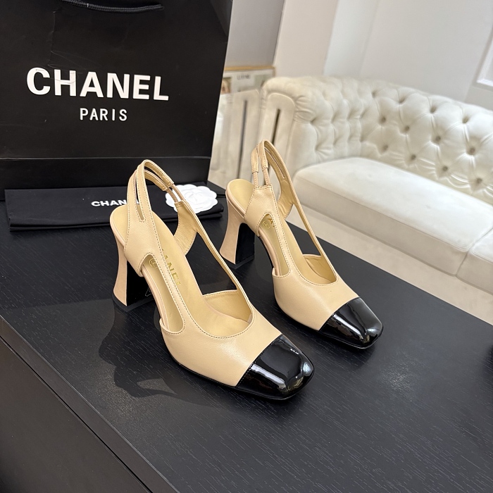 Chunky High Heel Slingback Pumps With Cap Toe