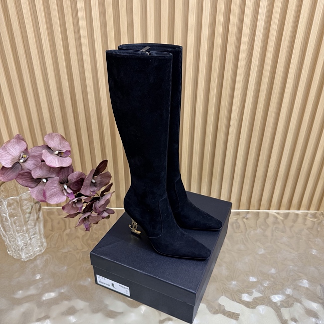 Pointed Toe Suede Heeled Boots With Metallic Accent