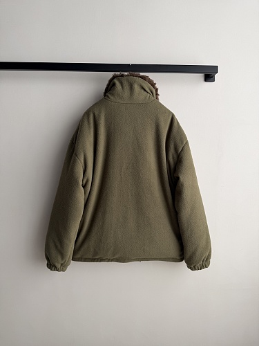 Vintage Olive Green Contrast Collar Down Filled Teddy Fleece Jacket