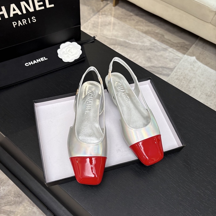 Silver and Red Cap Toe Slingback Flats With Back Strap