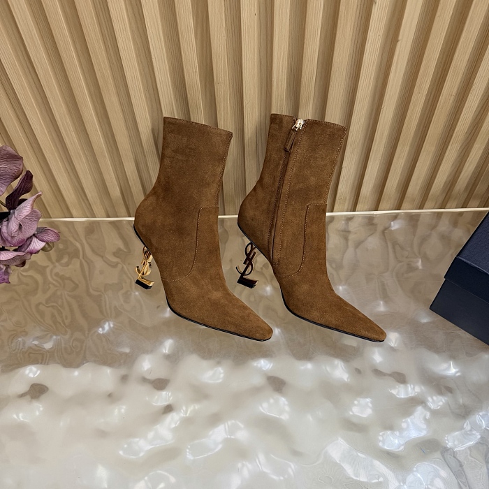 Pointed Toe Suede Heeled Ankle Boots With Metal Heel Detail