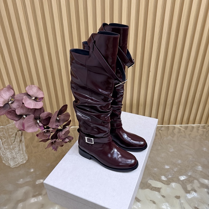 Burgundy Patent Leather Slouchy Knee High Boots With Buckle