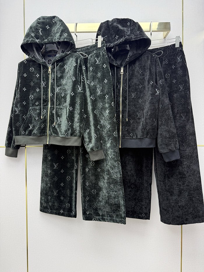 Embossed Velvet Zip Hoodie And Wide Leg Pants Set
