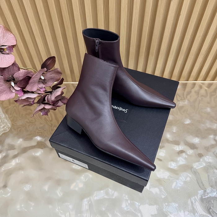 Pointed Toe Side Zip Leather Ankle Boots