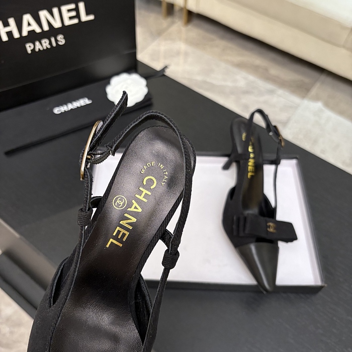 Black Pointed Toe Heeled Slingback Pumps With Bow Detail