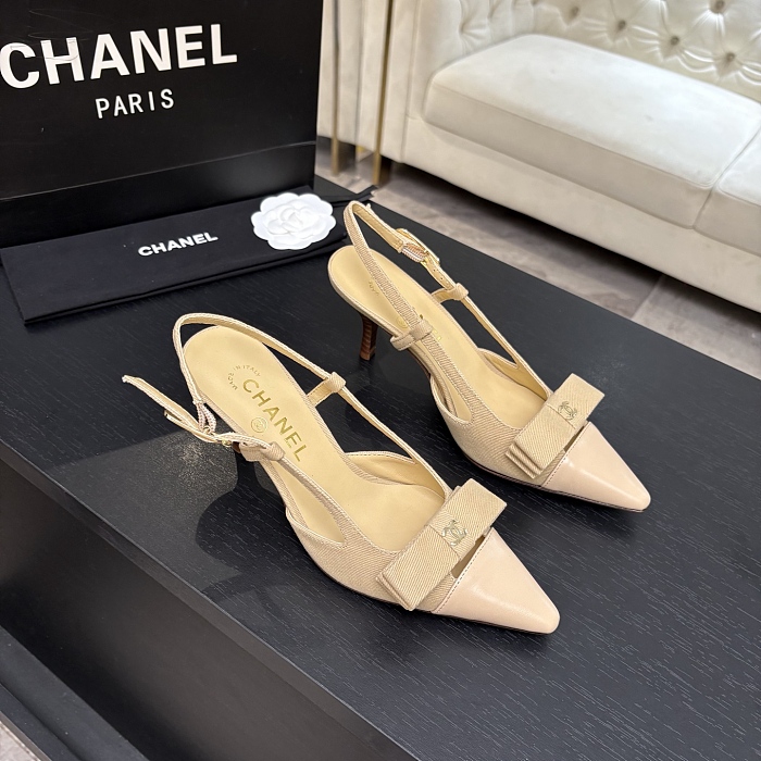 Beige Pointed Toe Slingback Pumps With Bow And Heel