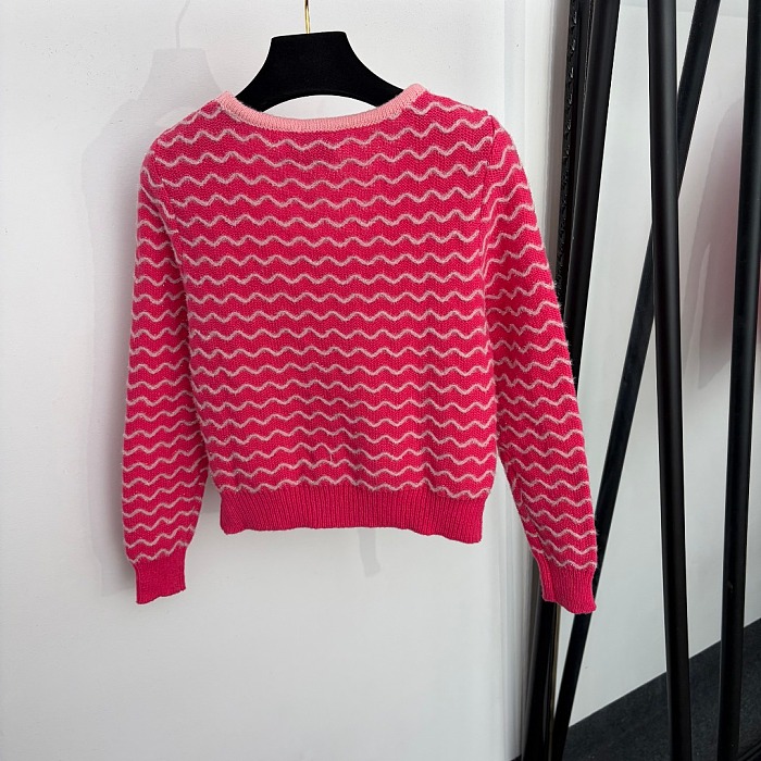 Scalloped Stripe V Neck Metallic Wool Blend Cardigan
