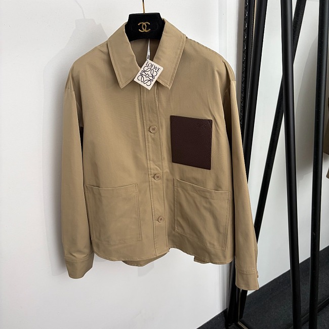 Contrast Leather Pocket Drawstring Waist Long Sleeve Trench Coat