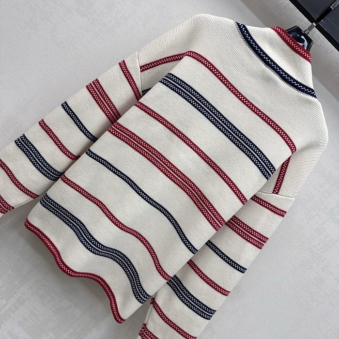 Contrast Striped Mock Neck Knit Sweater With Metal Button Detail