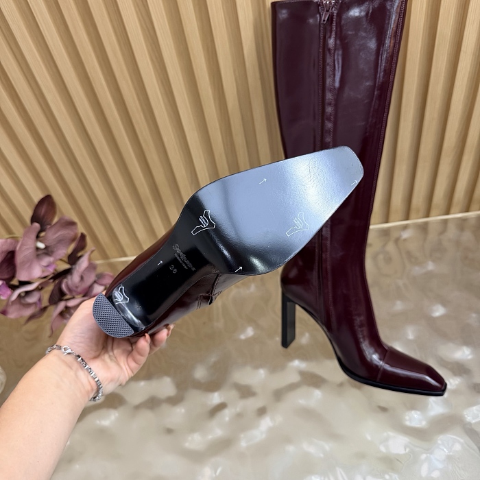 Burgundy Patent Leather Pointed Toe High Heel Knee High Boots