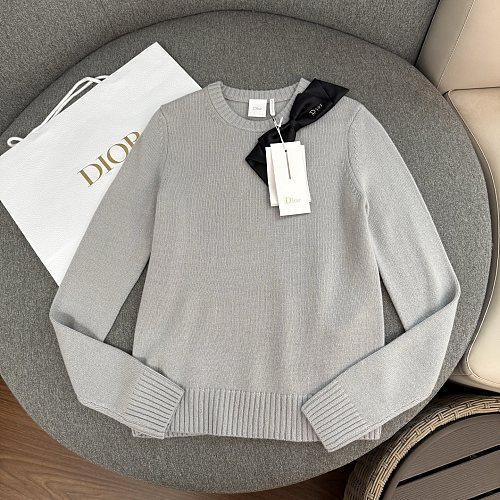 Oversized Bow Accent Crew Neck Cashmere Blend Knit Pullover