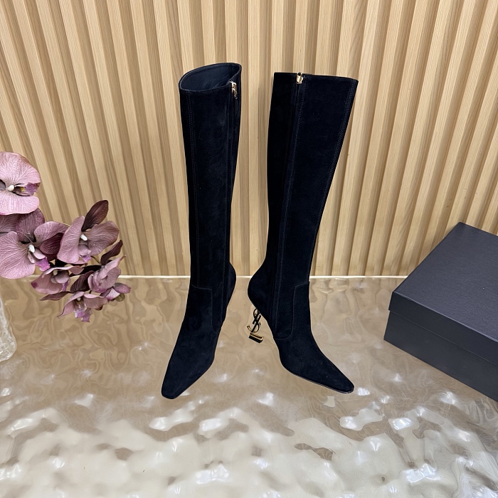 Pointed Toe Suede Heeled Boots With Metallic Accent