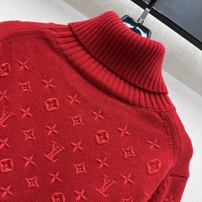 All-Over Embroidered Monogram High Neck Ribbed Knit Pullover Sweater
