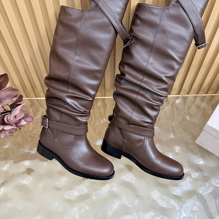 Brown Leather Knee High Boots With Buckle Straps