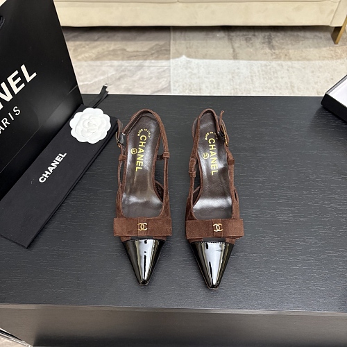 Brown Suede Slingback Pumps With Bow And Patent Cap Toe